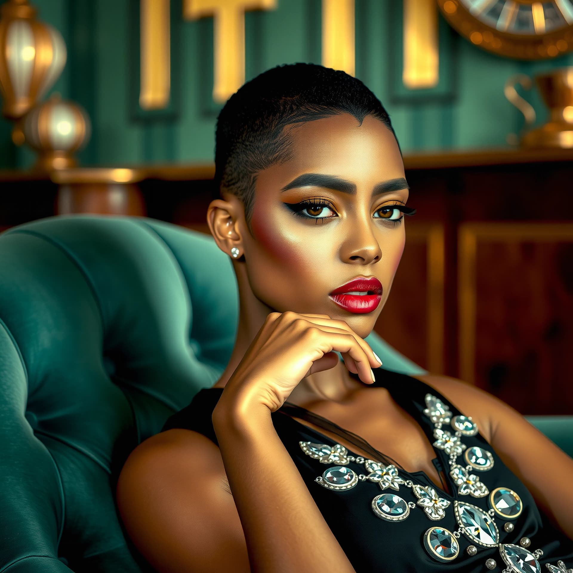 AI generated: ultra-realistic 8K RAW photo of a sophisticated 26-year-old South African fashion model with short b...