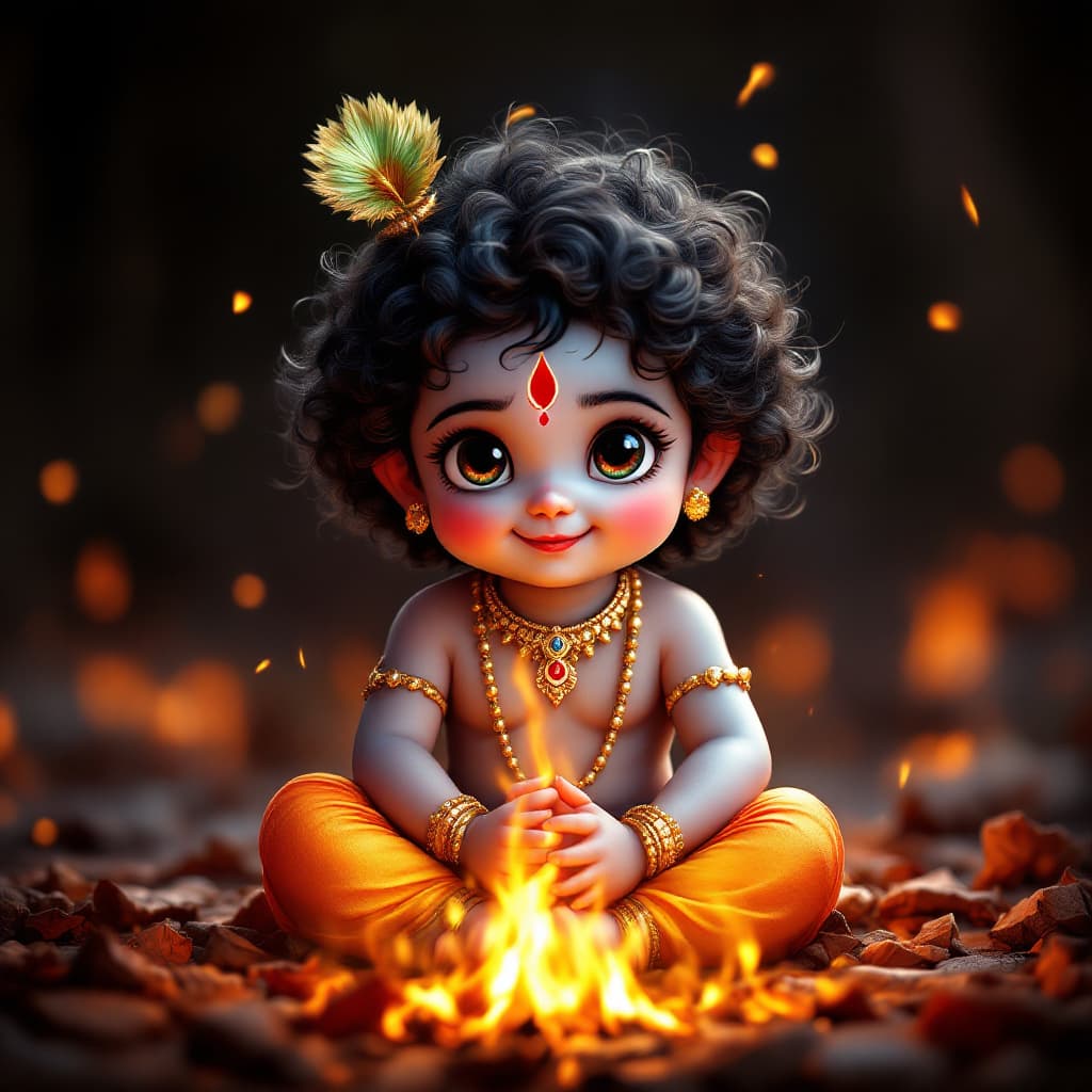 AI generated: Arafed image of a cute little Krishna sitting in front of a fire