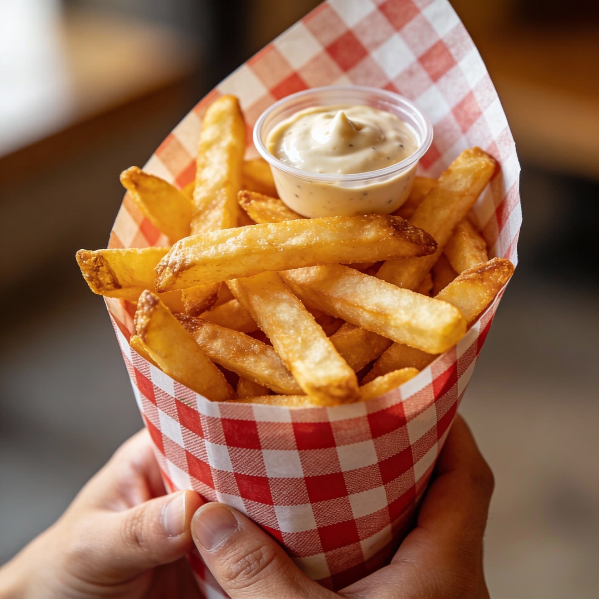 AI generated: Belgian frites held by two hands in a plaid paper cone with a small container of dipping sauce set o...