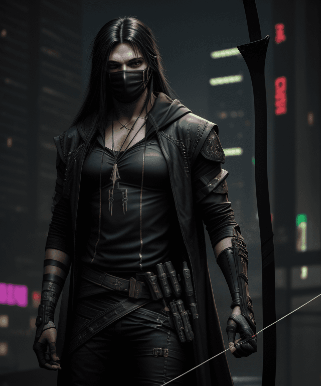 AI generated: Cyberpunk, robin hood, metal bow, stylish, masked, dark clothes, black long hair, male, kapiszon,