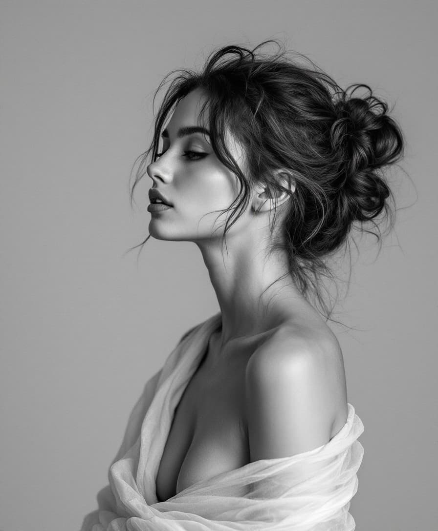 AI generated: A striking black and white portrait photograph captures a young woman in a contemplative pose, her p...
