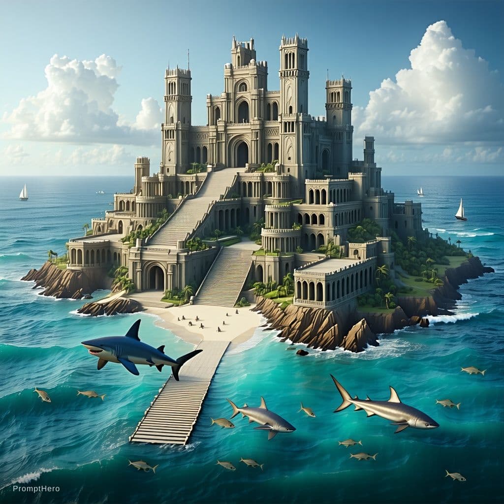 AI generated: lost city of Atlantis, chaotic ocean, detailed, octane render, tall architectures, sharks + sealife,...