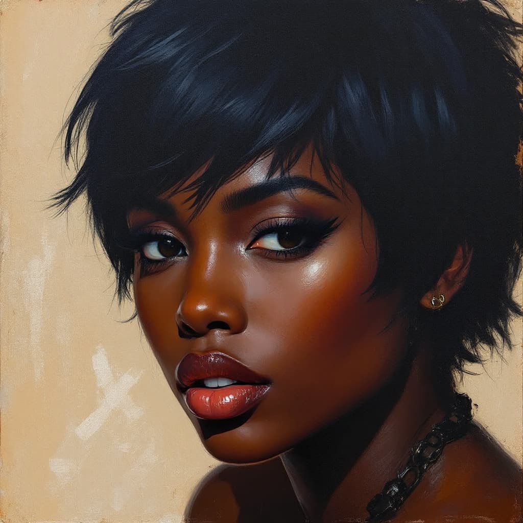 AI generated: an african woman with short black hair in a brown painting, in the style of charlie bowater, dark bl...