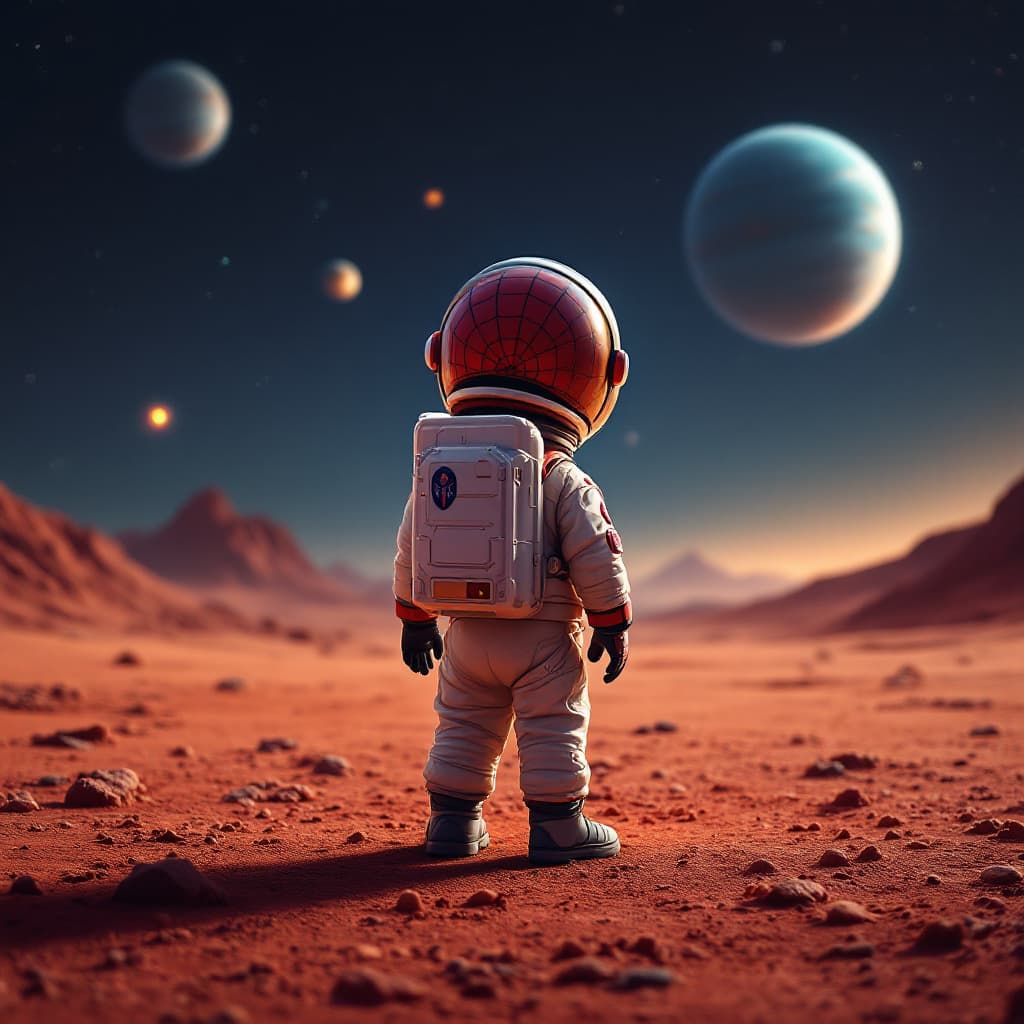 AI generated: "An astronaut child, around 3-4 years old, standing on the surface of Mars. The child is wearing a S...