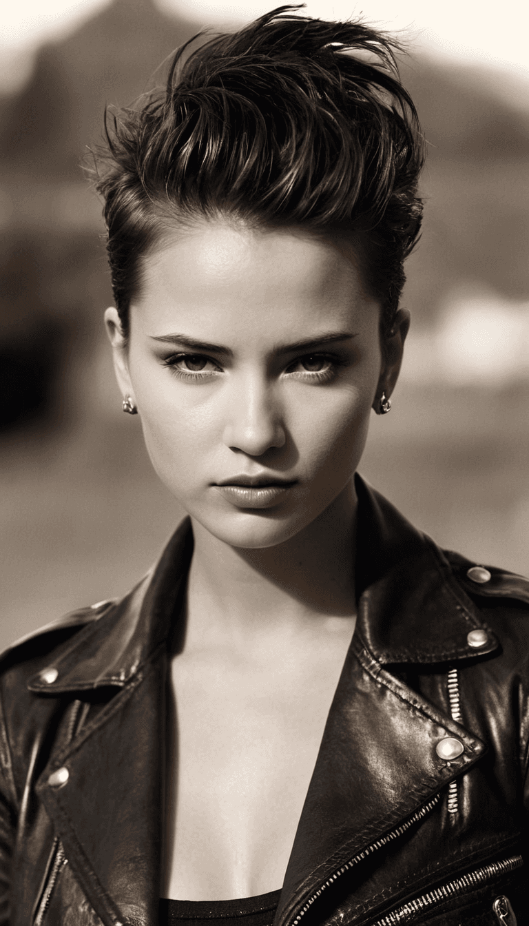 AI generated: black and white photography, fashion editorial, a darkhaired beautiful woman is leather jacket in st...