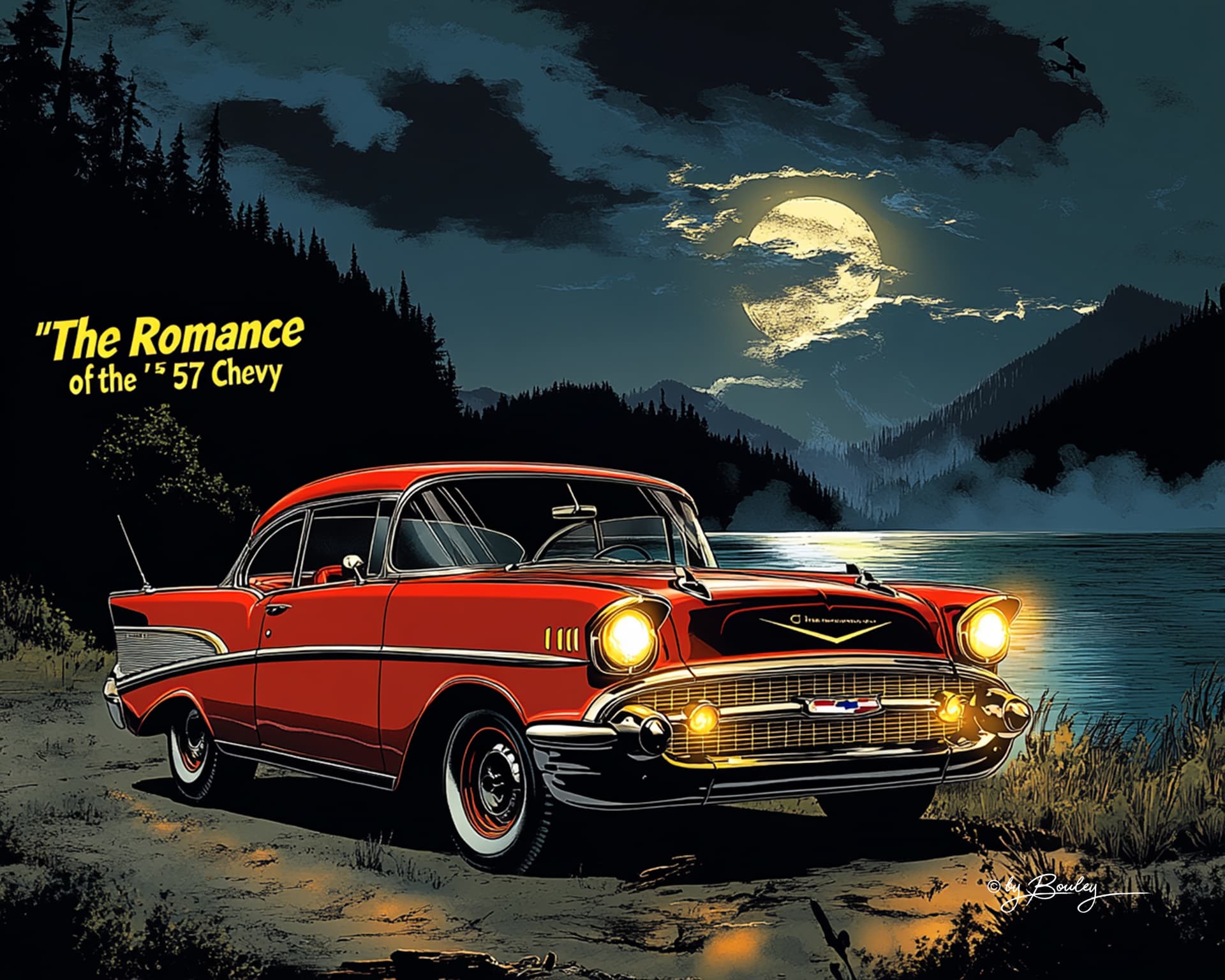 AI generated: american comic book page, retro color, A red 1957 Chevrolet Bel Air is parked by the lake, The night...
