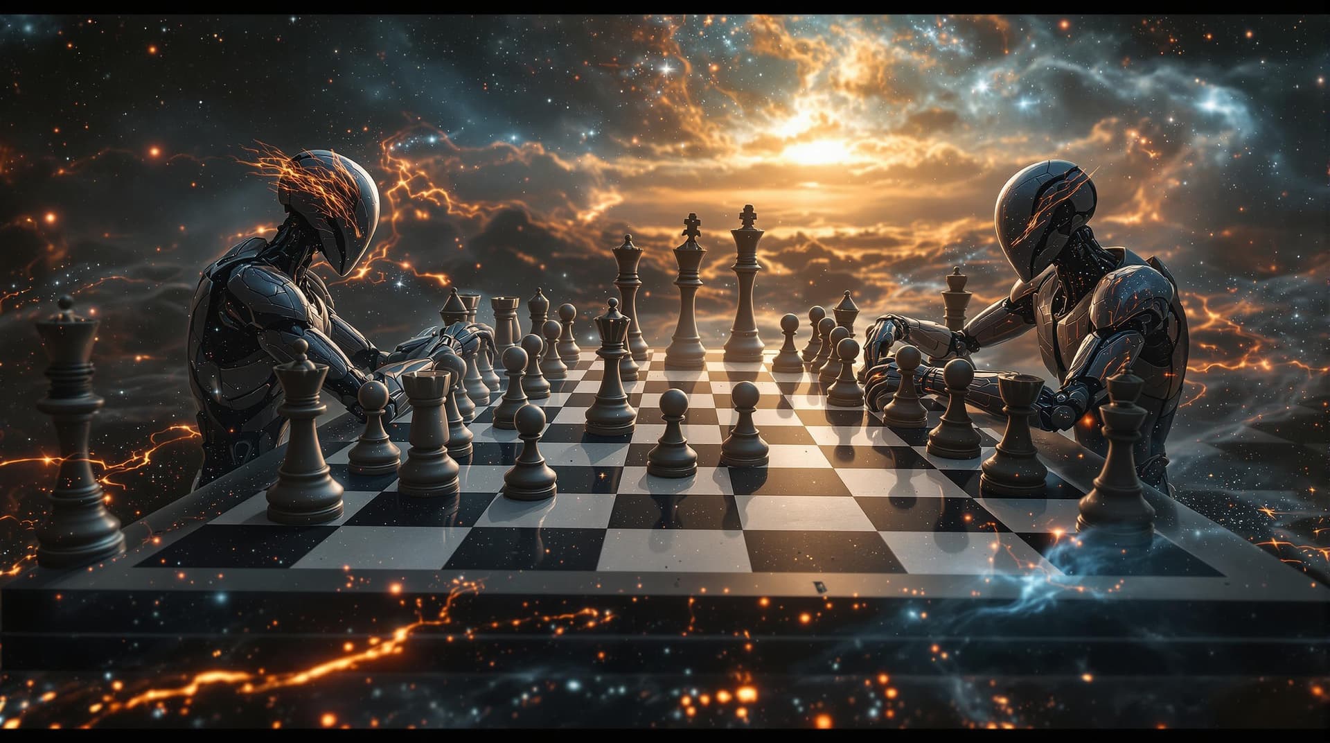AI generated:  A hyper-realistic  scene: ,gods playing chess ,on a  game board featuring the universe. The pieces ...
