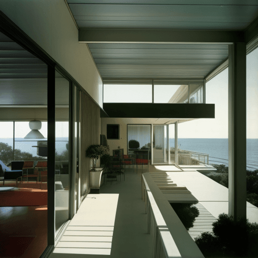 AI generated: Hyper realistic eye level exterior photo of a mid century modern style house overlooking the ocean, ...
