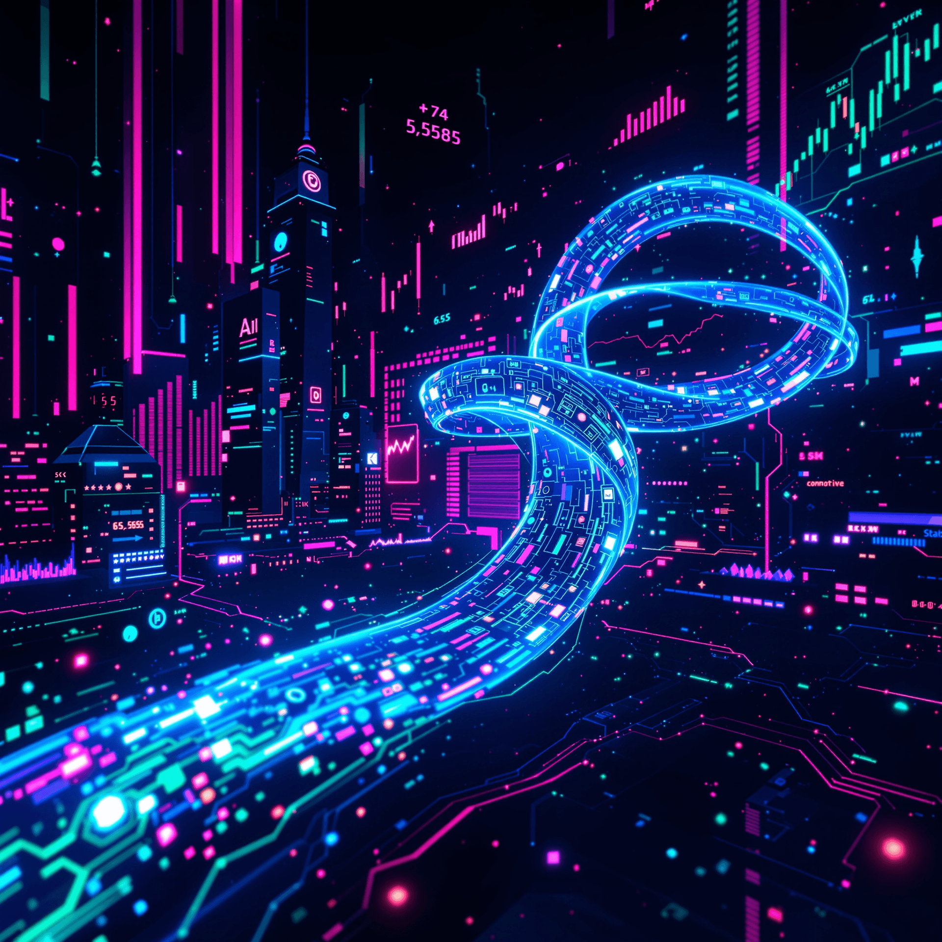 AI generated: A futuristic, fluid, and dynamic representation of a high-tech financial market driven by technology...