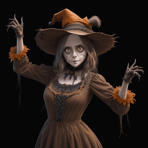 AI generated: Halloween costume of old scarecrow, dancing, character portrait, photorealistic, big eyes, wide angl...