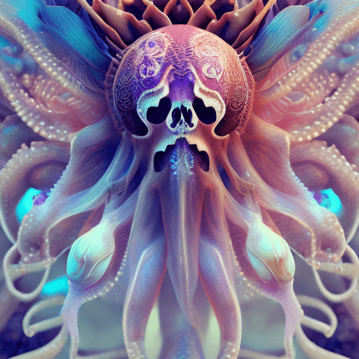 AI generated: Goddess close-up portrait ribcagel. jellyfish phoenix head, nautilus, orchid, skull, betta fish, bio...