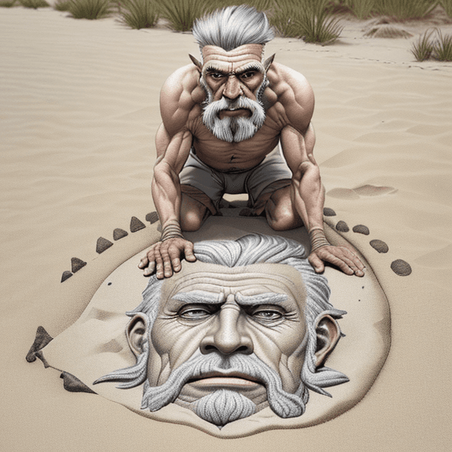 AI generated: frontal view of a nice, wise, slim and old gray hair prehistoric man drawing on a sand near the bank...