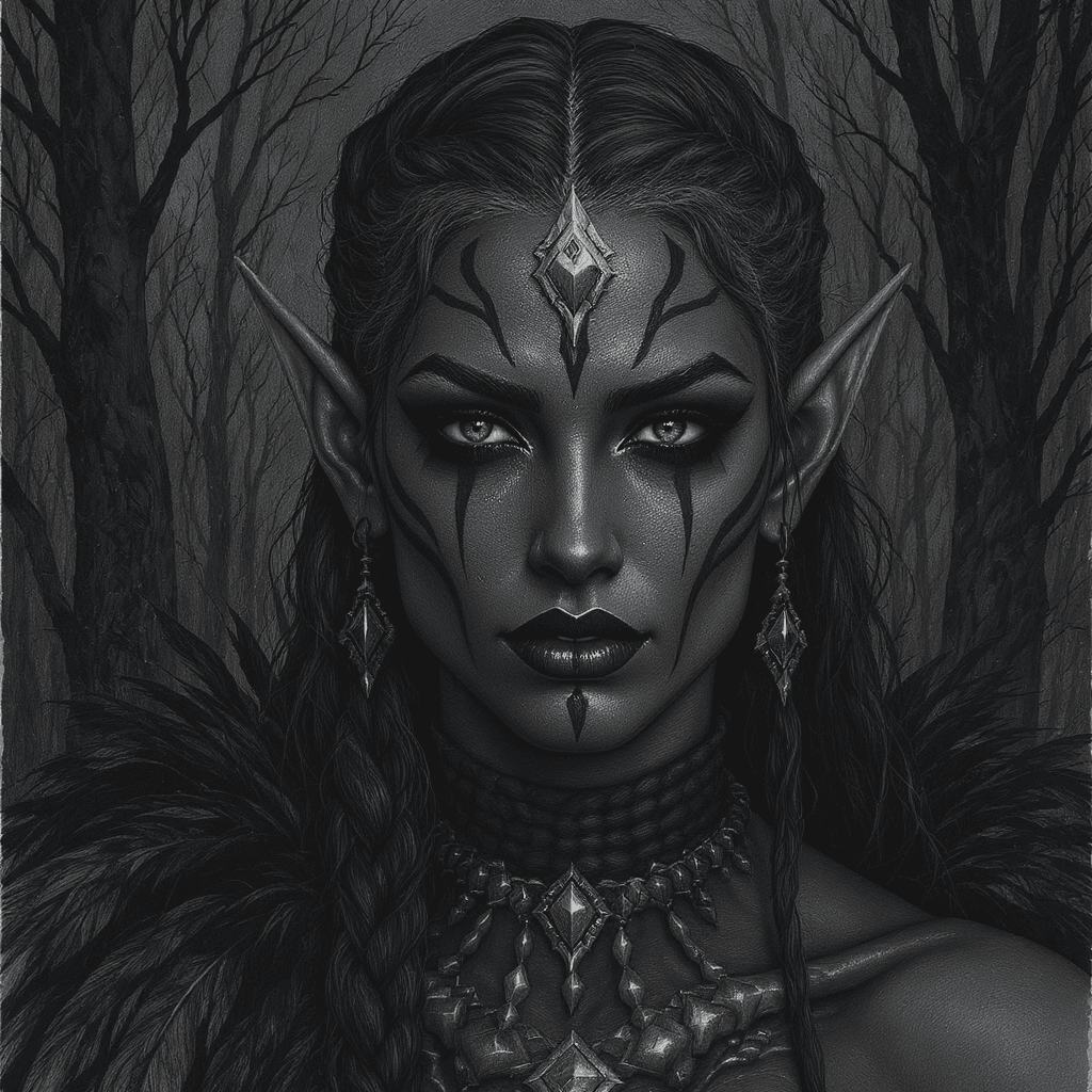 AI generated: drawing of a Dark Elf woman with braided hair, wearing war paint on her face, feathers in her long b...
