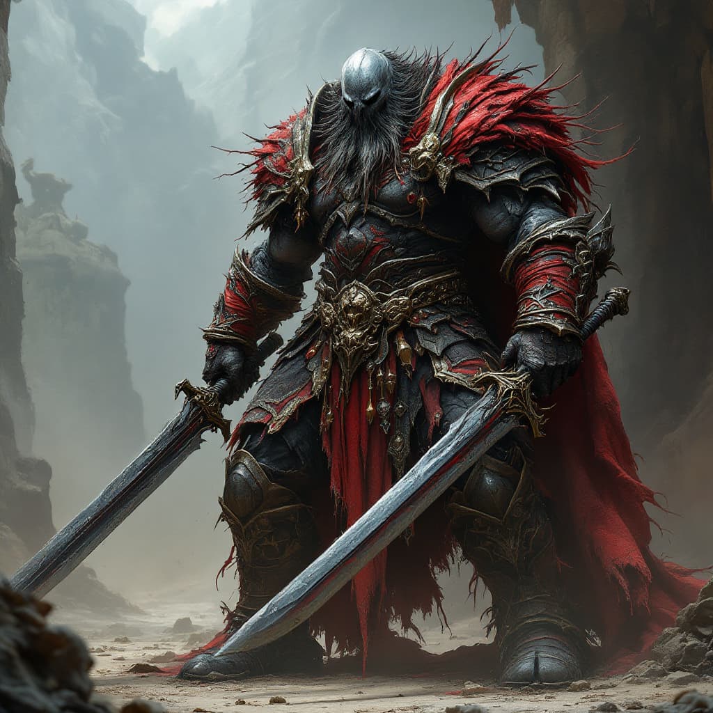 AI generated: World of Warcraft illustration of a large viking character with swords, dark bronze and red, crumple...