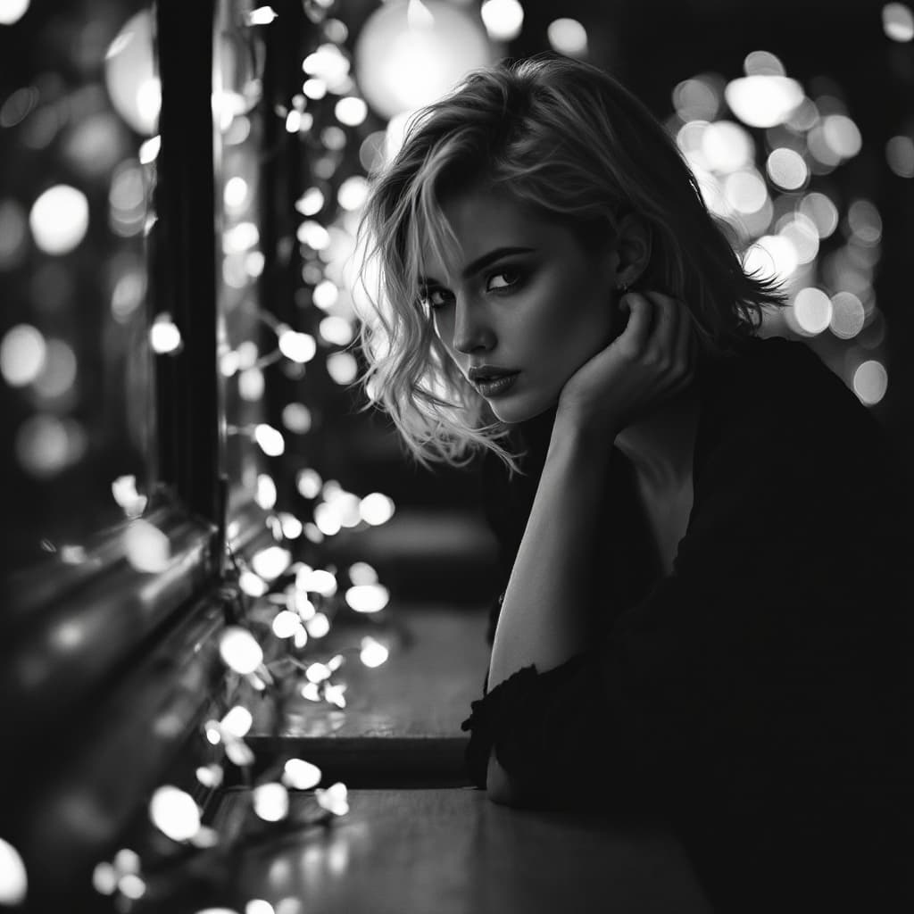 AI generated: black and white photography, fashion editorial, a dark shorthaired beautiful blonde woman in night c...