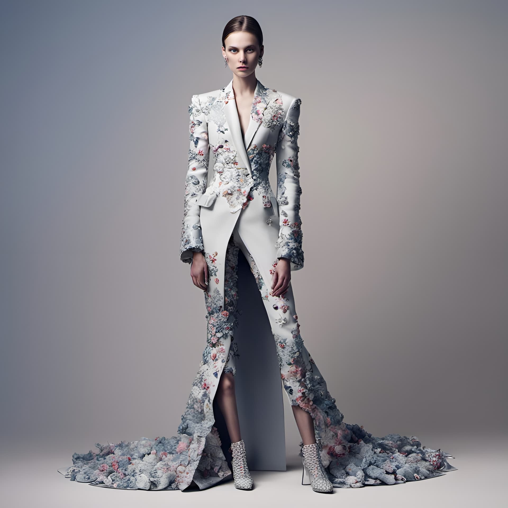 AI generated: full body portrait of extremely beautiful model, in an outfit made by balenciaga, photo by greg rutk...