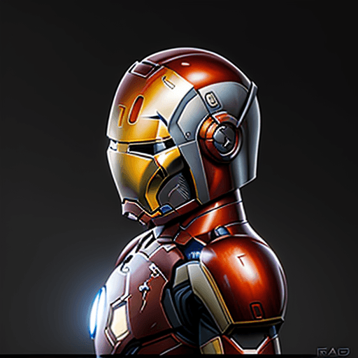 AI generated: Mandalorian style ironman, bust, perspective view, iron-man, silver color, sleek, solid orange backd...