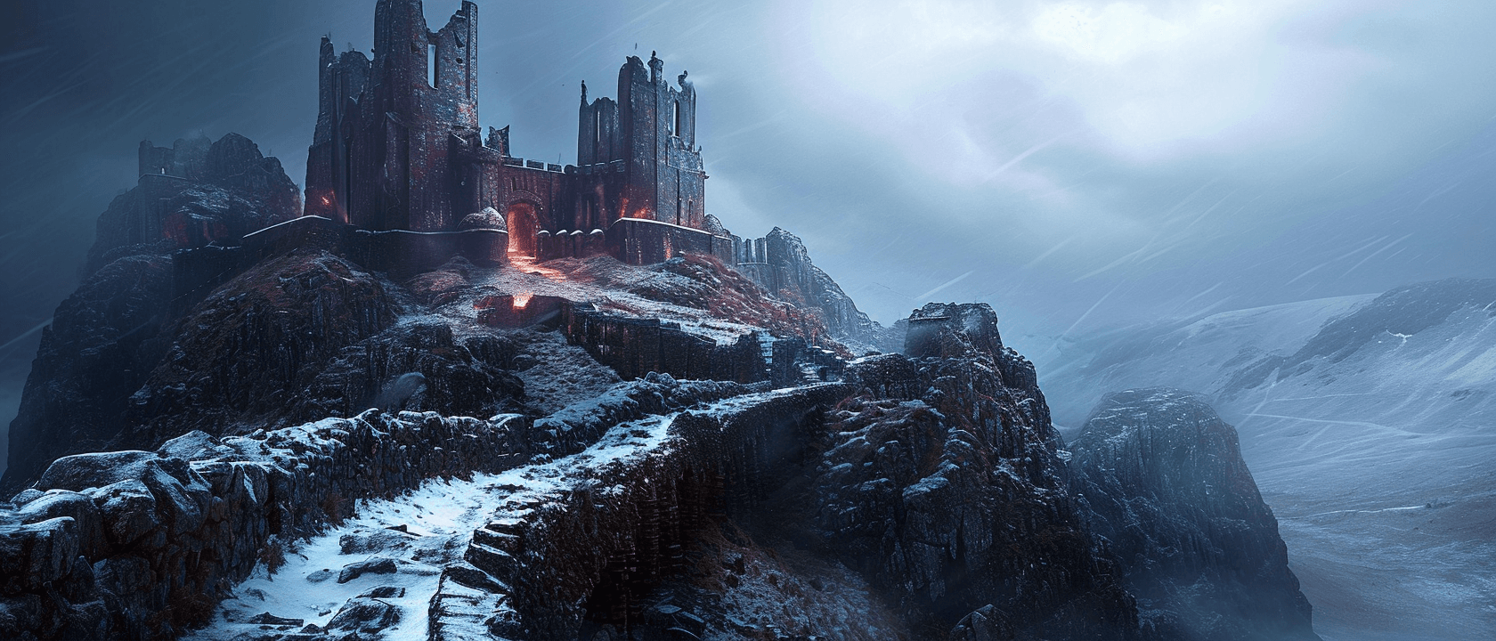 AI generated: landscape photography, the fortress of Carn Dum in the snow and fog at night, in the style of lord o...