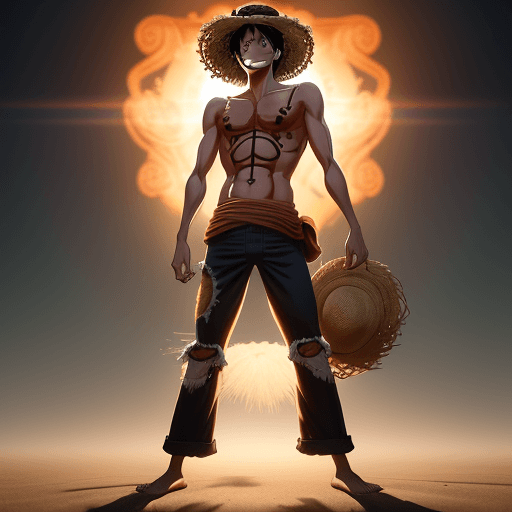 AI generated: full body, Monkey D. Luffy, one piece anime, X-shaped scar on his chest, Straw Hat, symmetrical body...