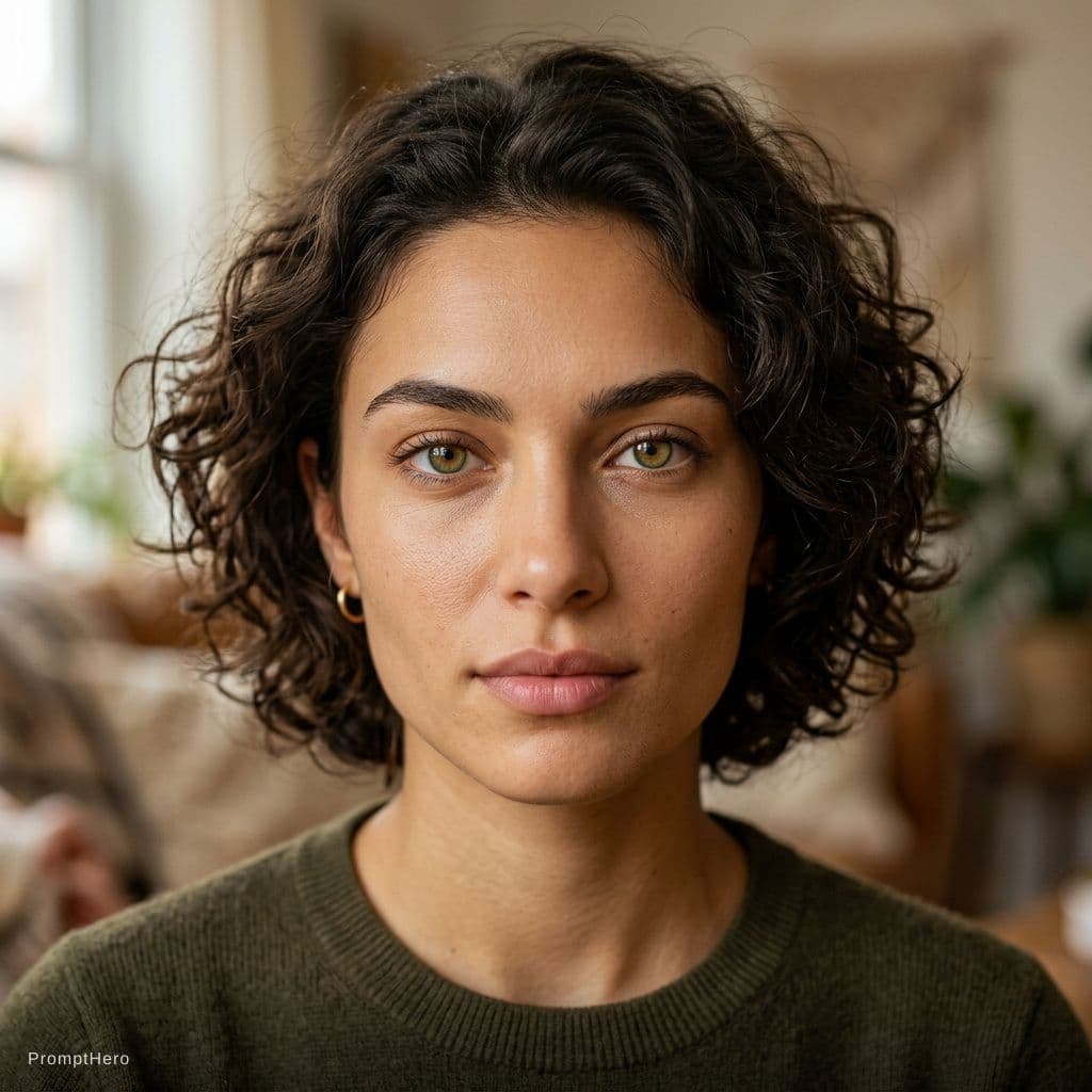 AI generated: Ultra-realistic portrait of a 20 years old woman with striking hazel-green eyes, intense and symmetr...