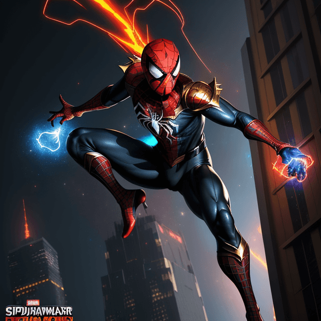 AI generated: A high ground angle shot, skyscrappers on low ground, Spiderman fighting at war, raging, character d...