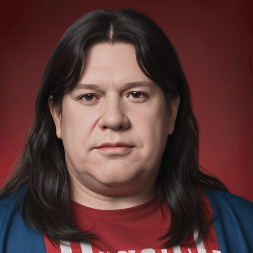AI generated: Javier Milei, 55 years old, fat, double chin, long long hair, as superhero, red background saturated...