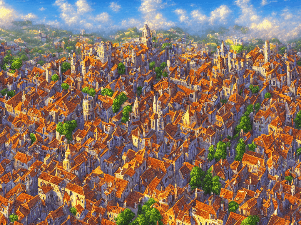 AI generated: a digital painting of a walled city center, vibrant colors, ultra-detailed, medieval, fantasy,sharp ...