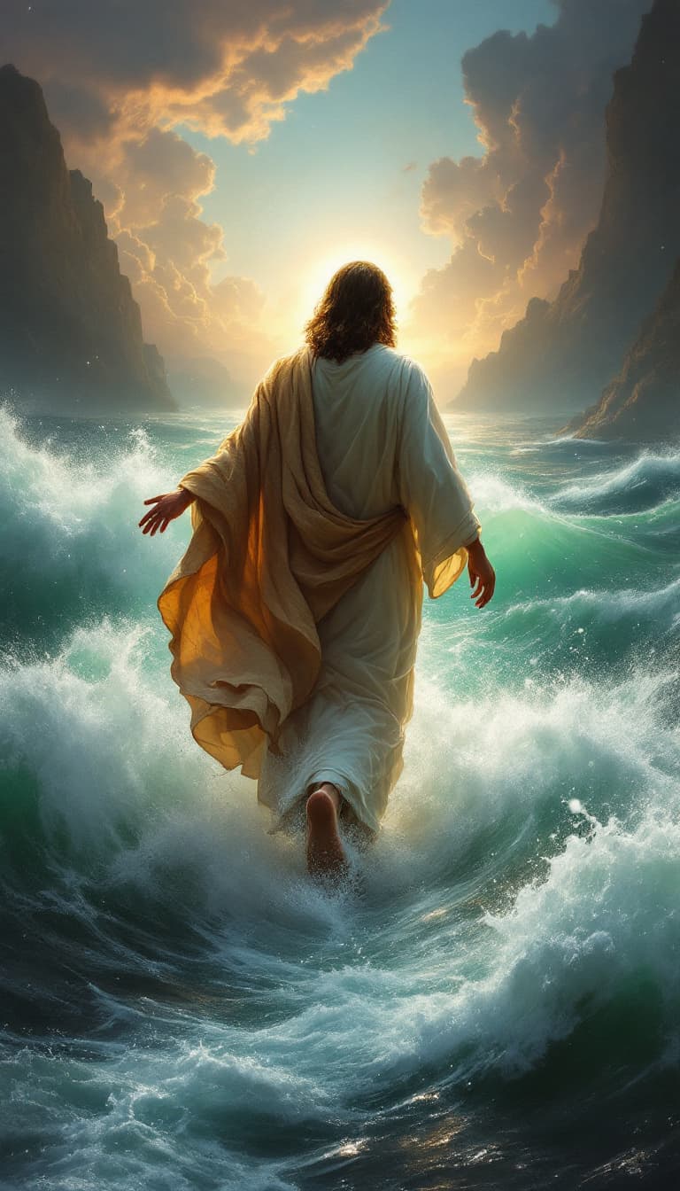 AI generated: Jesus walking onthe tumultous sea  from the back walking towards a boat wh 10 deciple in the boat lo...