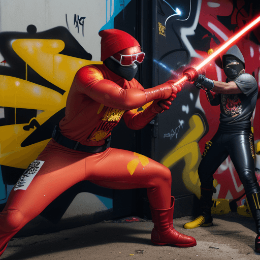 AI generated: JOHN BOYEGA IN A RED SPANDEX SUIT, WITH YELLOW GLOVES AND BOOTS , SUNGLASSES AND RED BACKWARDS CAP H...