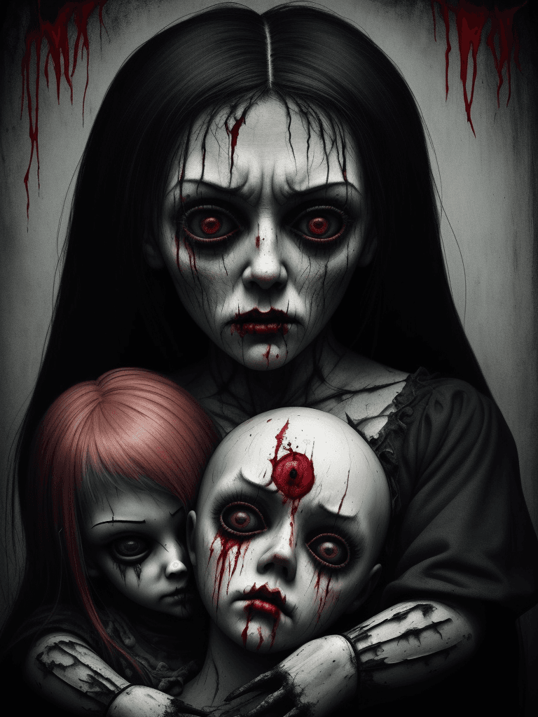 AI generated: make an painted portrait of a brutal scary doll and a REAL man hugging the doll with blood over them...