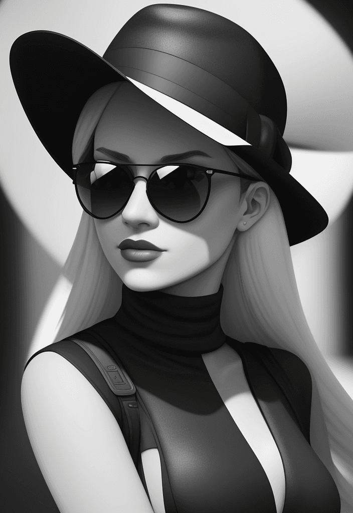 AI generated: a woman wearing black sunglasses and a hat, in the style of black and white imagery, vray tracing, t...
