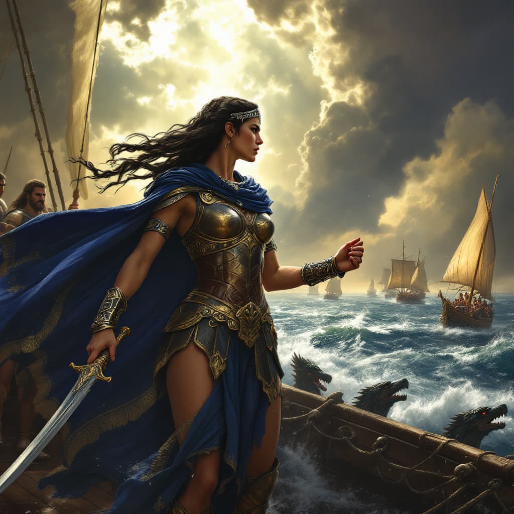 AI generated: Prompt: A powerful and determined Queen Teuta of Illyria stands at the prow of her warship, sailing ...