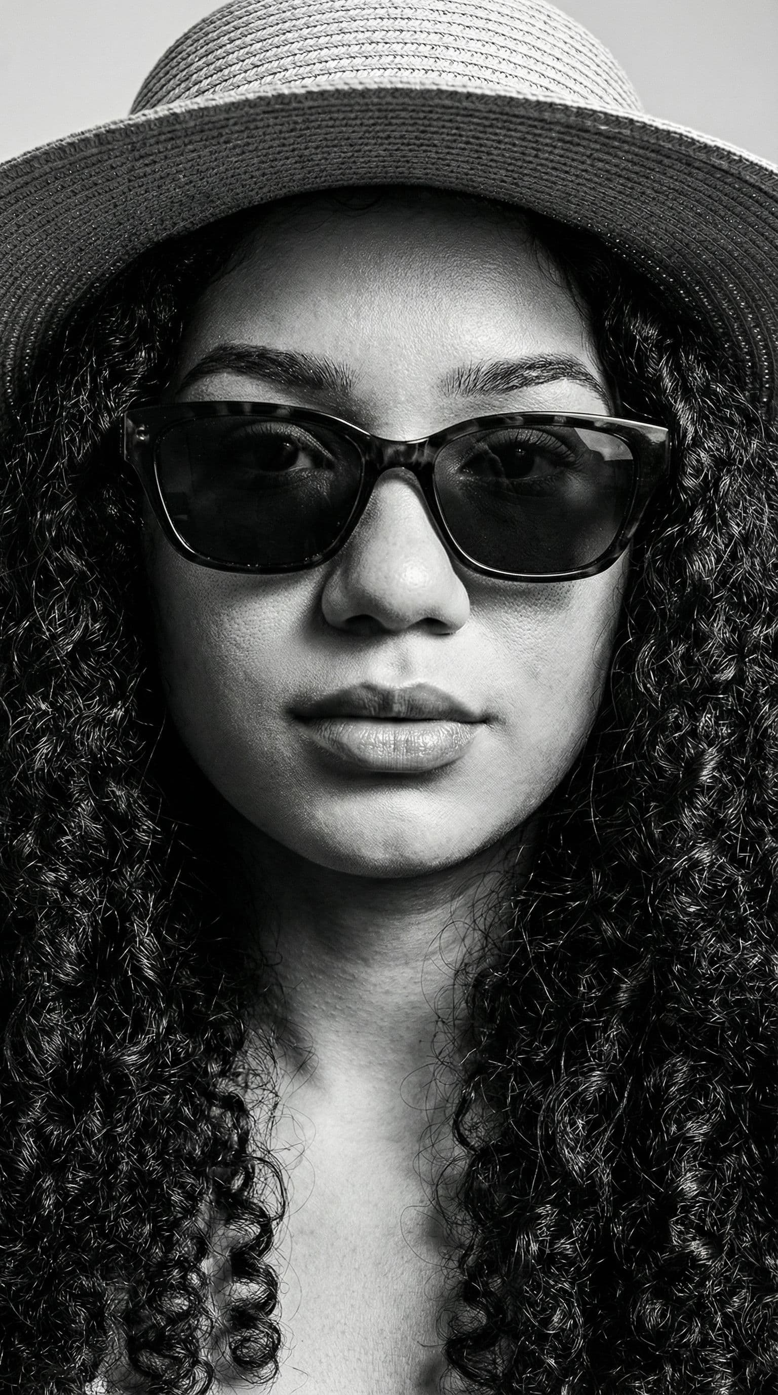 AI generated: woman in sunglasses and a hat. black and white image, in the style of vray tracing, precision in det...