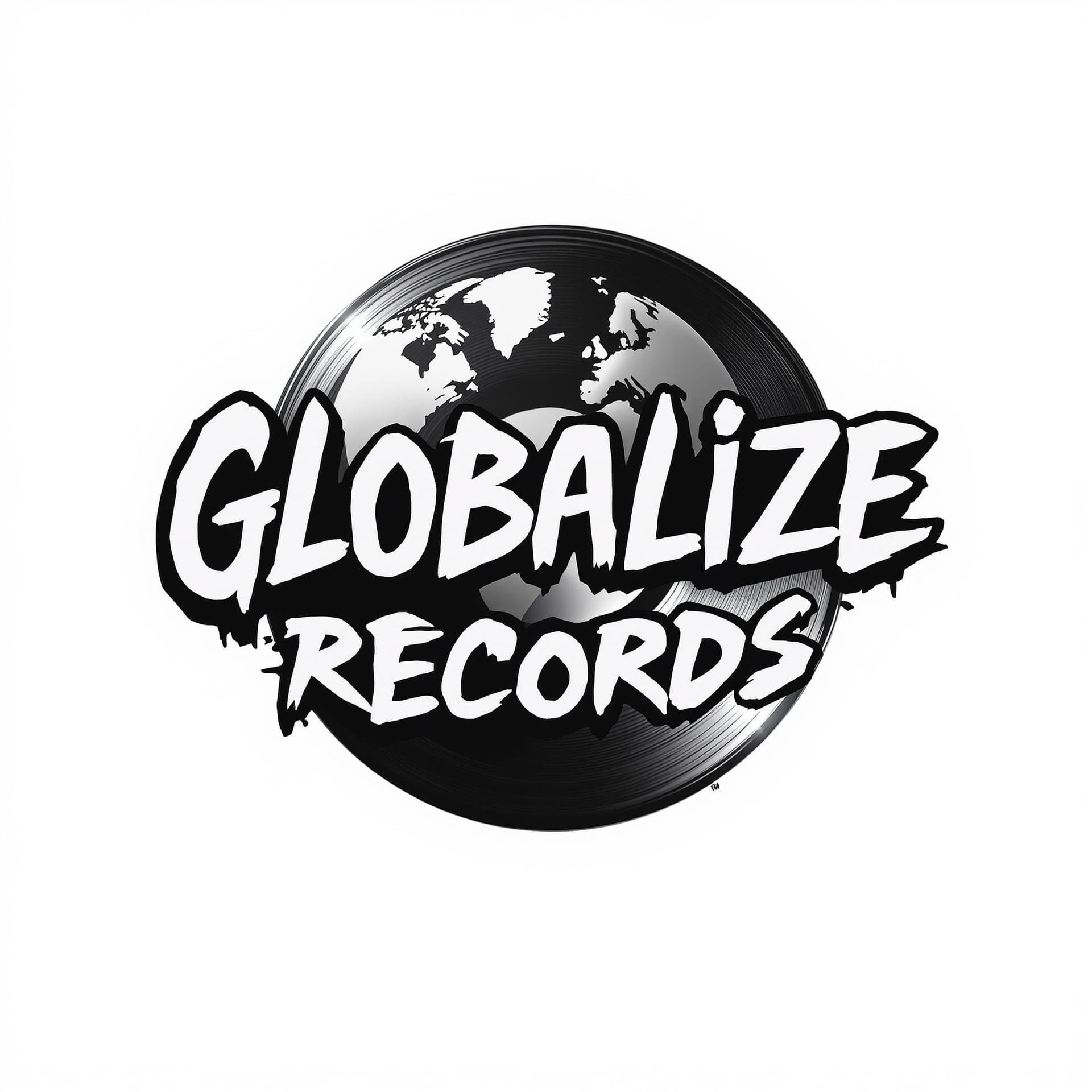 AI generated: A minimalist logo featuring the text "Globalize Records" in bold, graffiti-inspired font with sharp ...