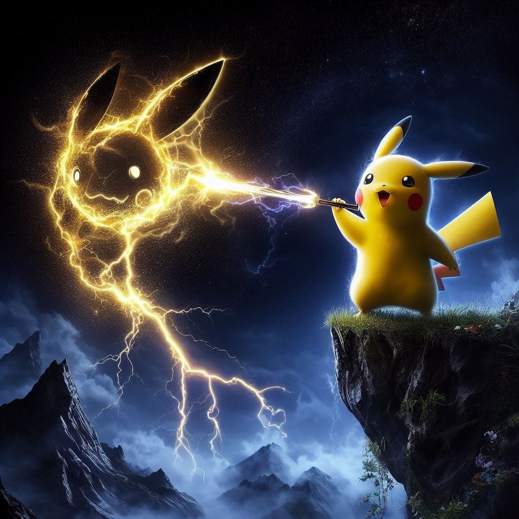AI generated: "an image of Pikachu using an instrument to create Pokémon by using lightning and lightning on black...