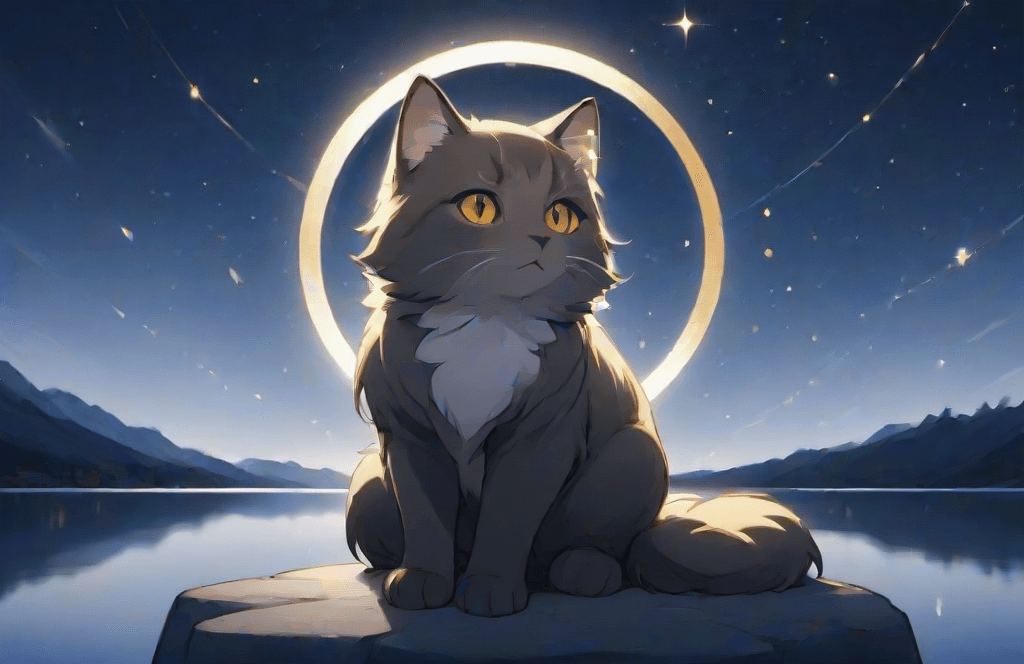 AI generated: ('young 1cat':1.2) with 'dark grey fur with white streaks', (symmetric face: 1.1), wise round golden...