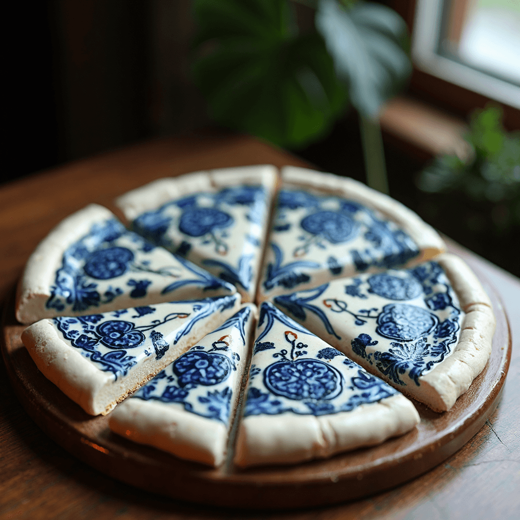 AI generated: (glossy ceramic object sliced pizza),A photo of a glossy ceramic pizza made of white ceramic in Gzhe...