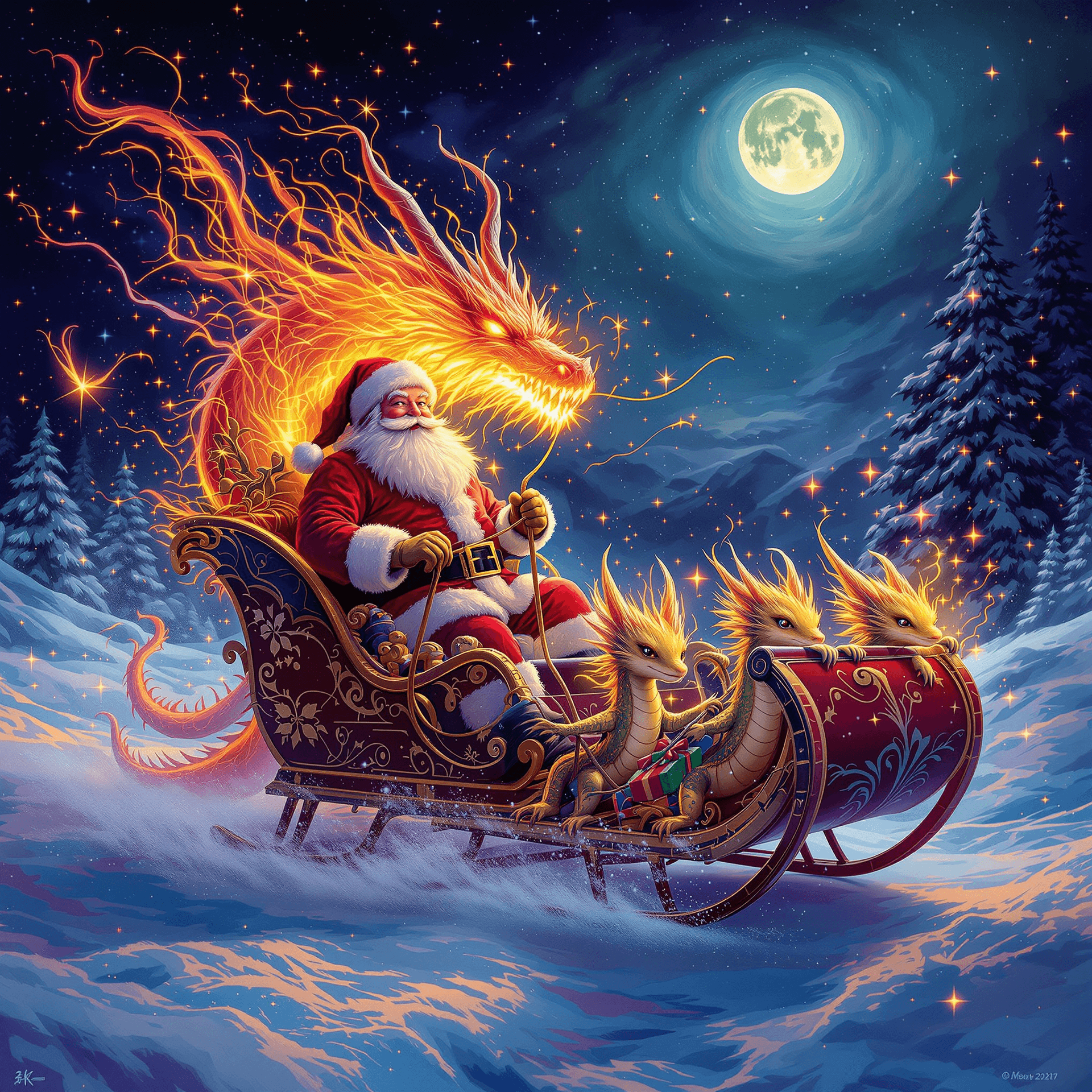 AI generated: Psychedelic, surreal Christmas card Santa Claus in sled with a fire dragon and baby dragons leading ...