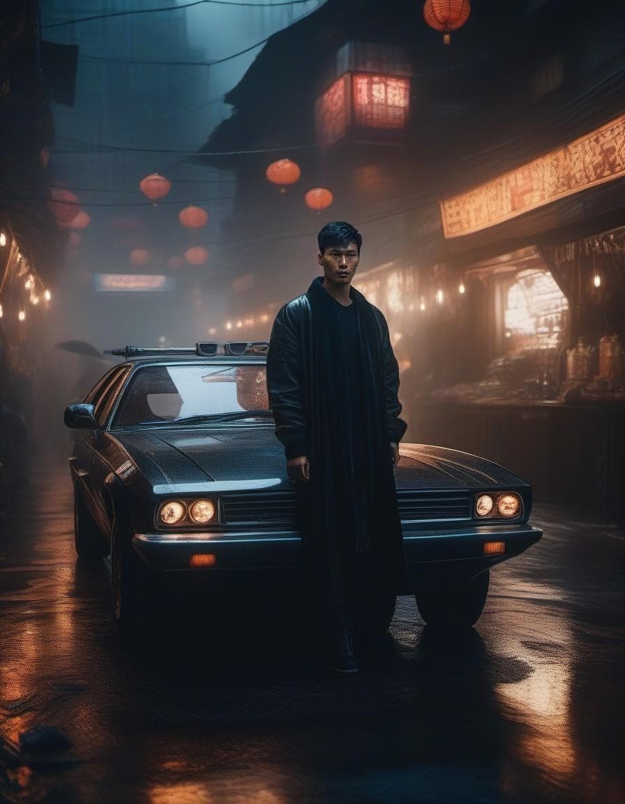 AI generated: Young men in blade runner, photo, light box, three point lighting, film grain, epic movie poster, fl...