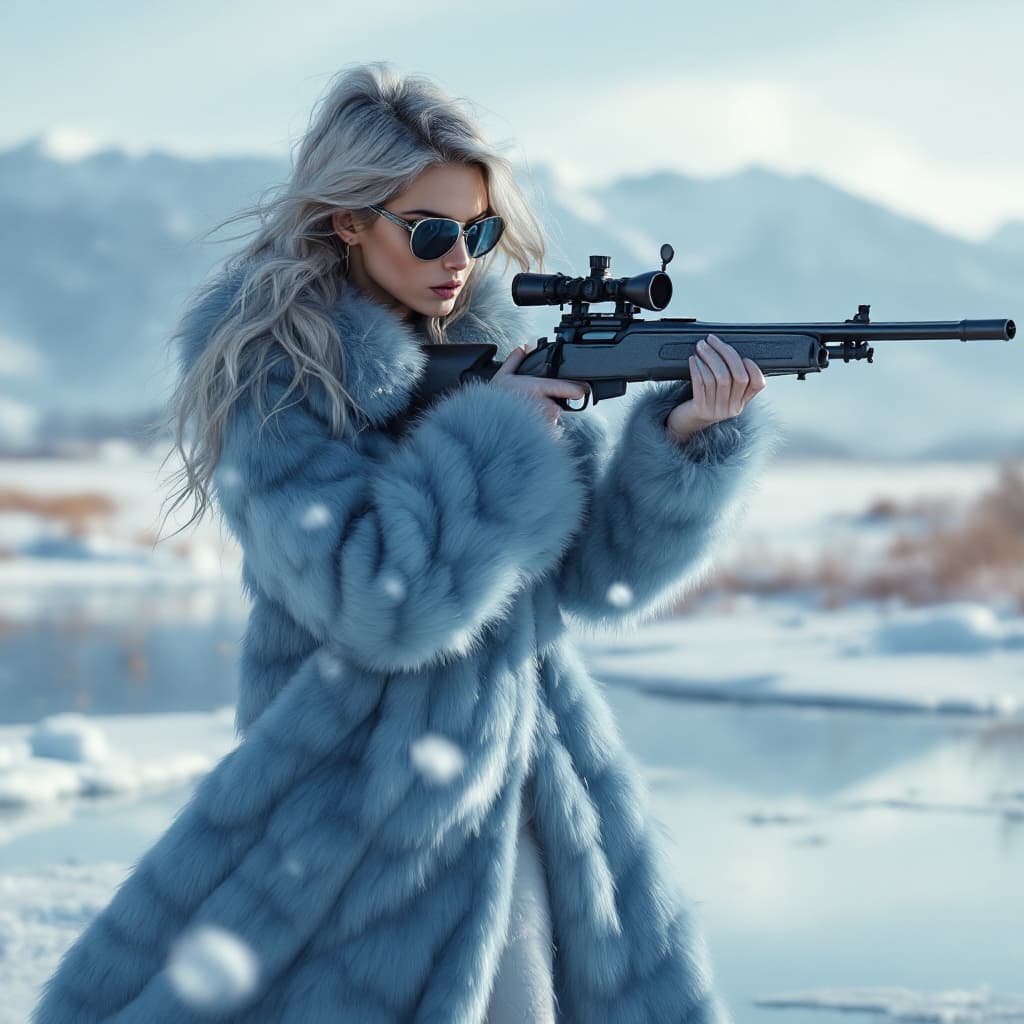 AI generated: a brand concept image for the FW season of a top fashion brand, standing on a winter icy lake, sungl...