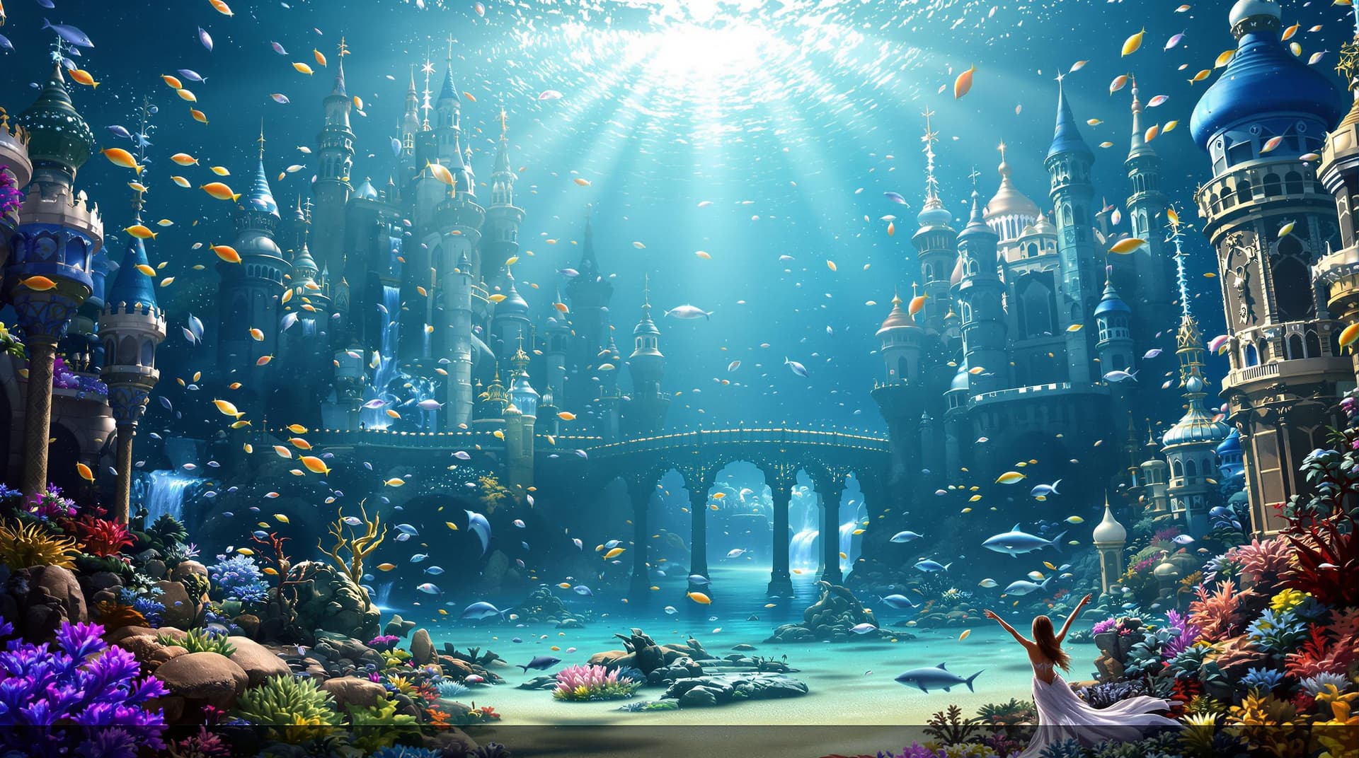 AI generated: Create a hyperrealistic image of an underwater kingdom, at the bottom of the ocean, a sandy ocean fl...