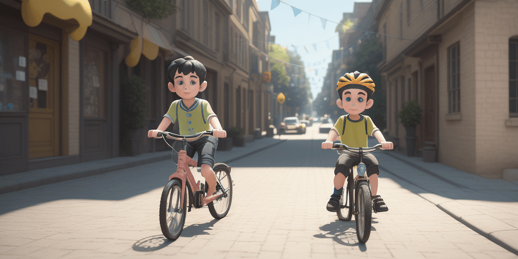 AI generated: A very cute boy, 6 years old, bicycle, in beautiful street, at sunny day, 3d art, c4d, octane render...