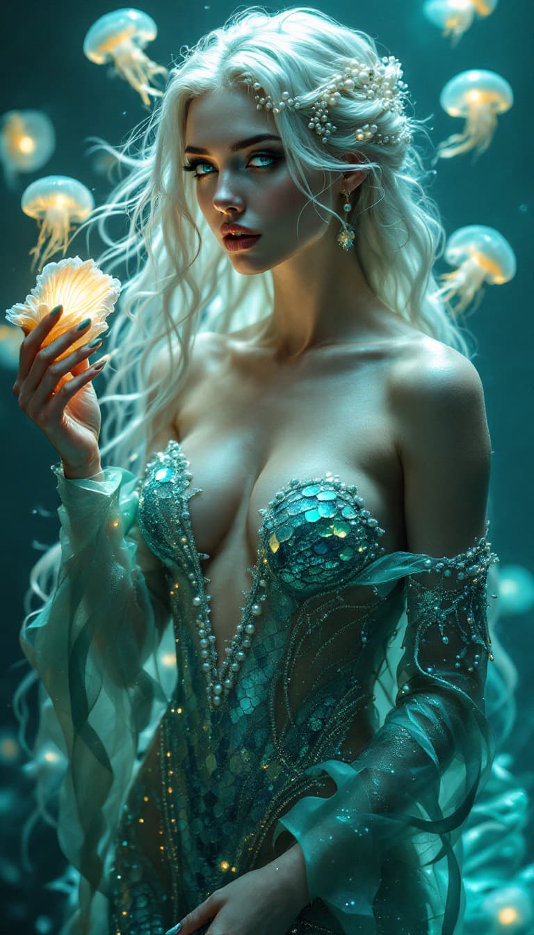AI generated: An ultra-realistic, full-body static portrayal of a siren woman, exuding a hypnotic allure with a sh...