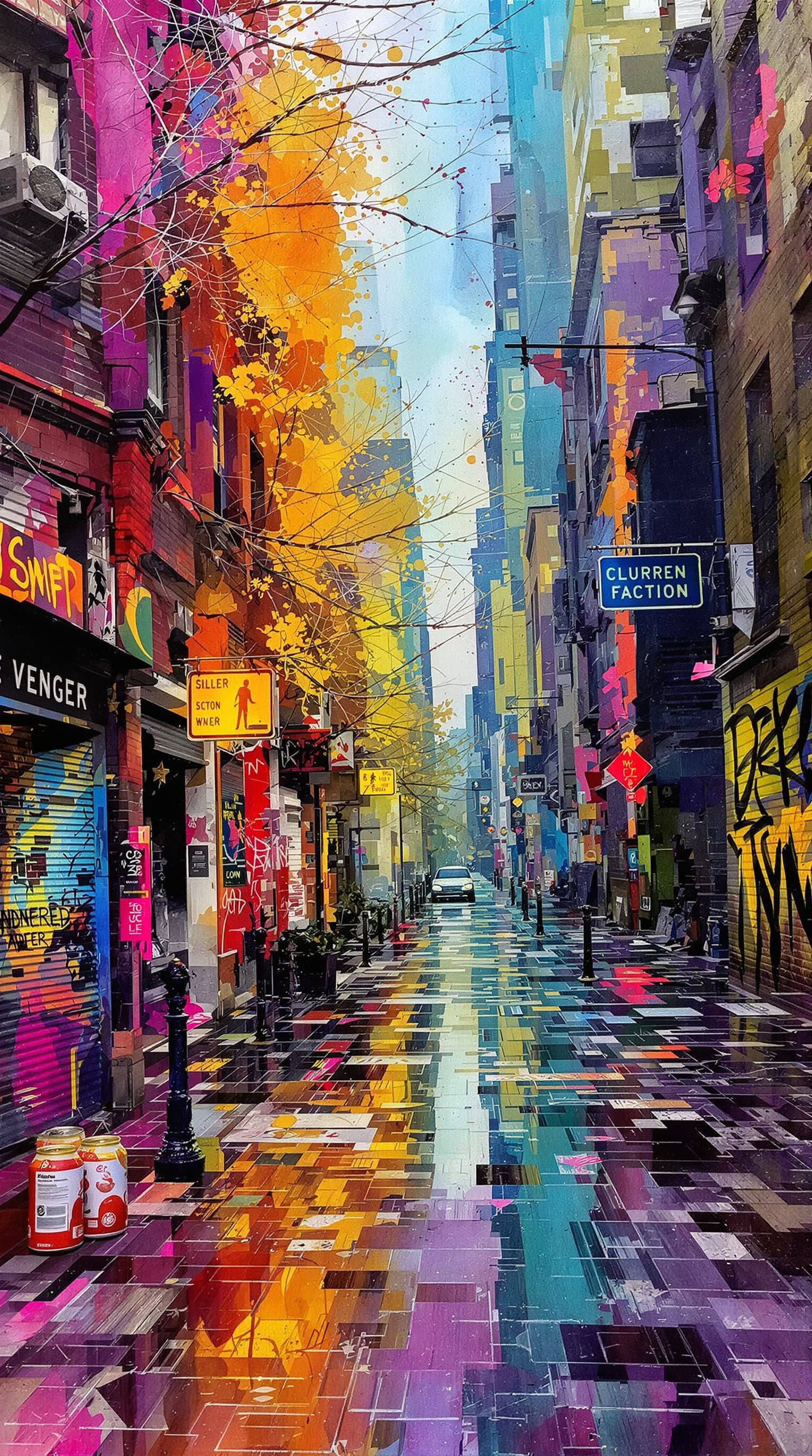 AI generated: A striking digital abstract artwork in Encaustic wax style, masterfully blending surreal urban fanta...