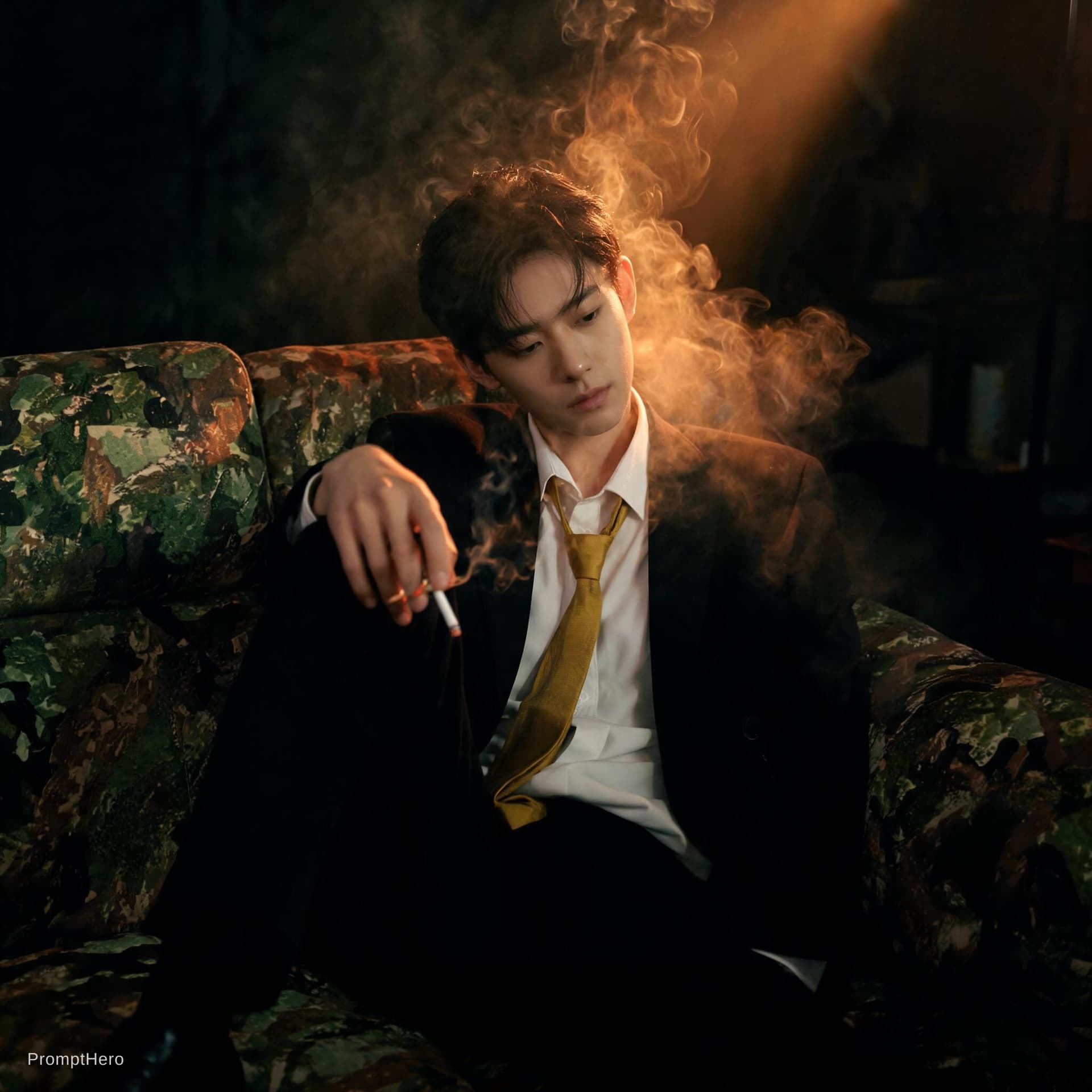 AI generated: photography, cover shoot, dimly lit room with a hazy atmosphere, capturing a professional male model...