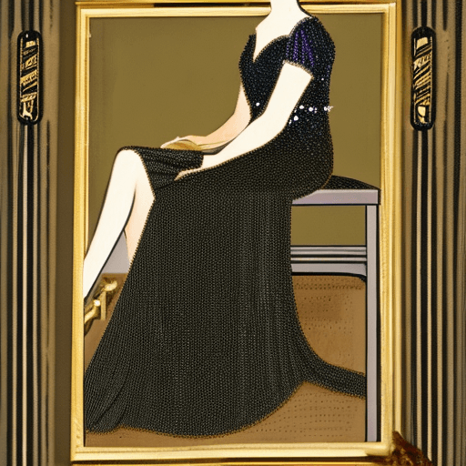 AI generated: An image of a woman seated with poise in a grand interior. She crosses her right leg over her left, ...