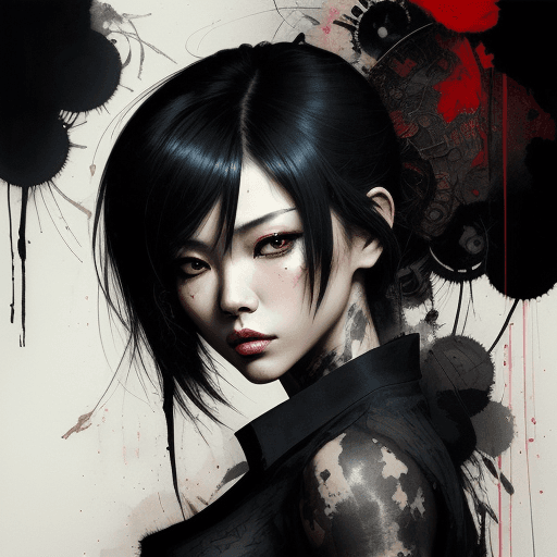 AI generated: aesthetic, painterly style, modern ink, Asian girl, sensual, sultry, dark blouse, expressive pose, u...