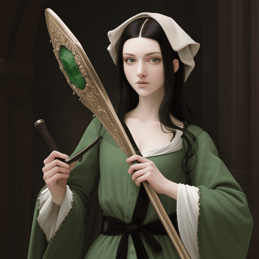 AI generated: renaissance girl, wielding a florett, wearing a robe, black haired, green eyes, 