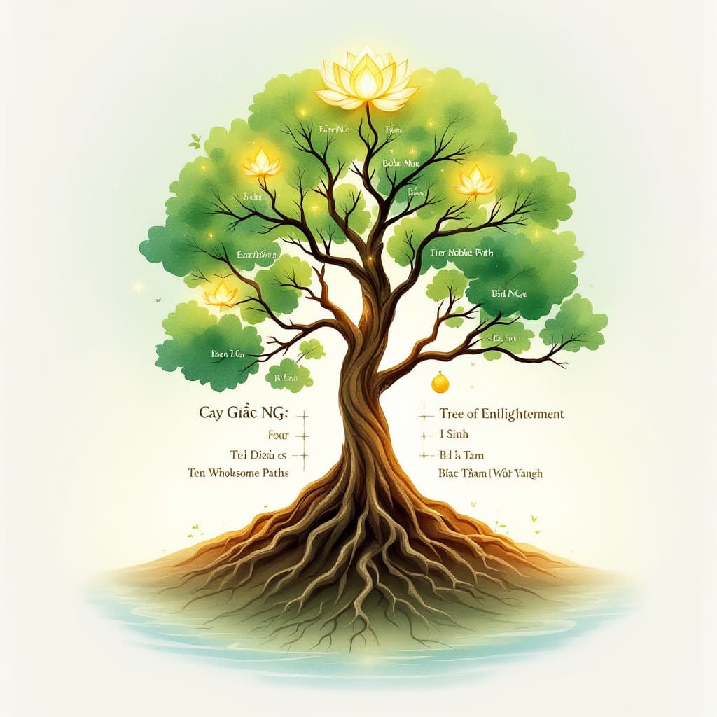 AI generated: "Vertical diagram of a beautiful spiritual tree called 'Cây Giác Ngộ – Tree of Enlightenment', inspi...