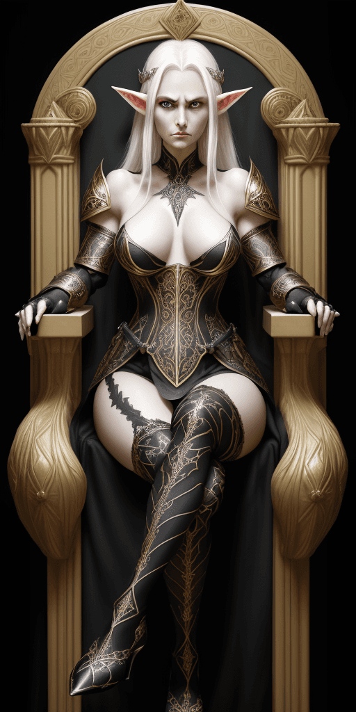 AI generated: Beautiful female elf, shoulder-length white hair, 30 years old, 170 cm tall, 60 kg, mesmerizing and ...